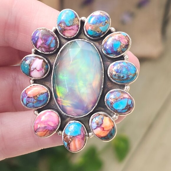 Audra Ring / Sterling Silver GORGEOUS Spiny Oyster Turquoise Opal Daisy Ring - Picture 1 of 13